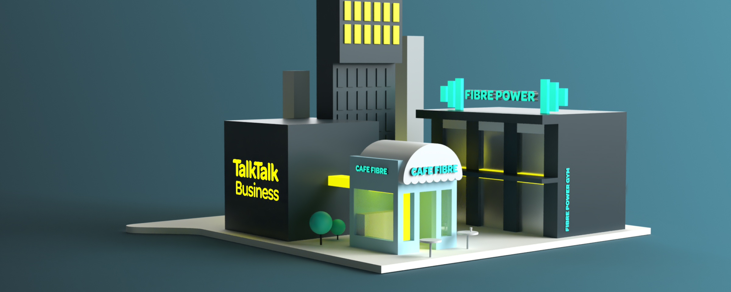 3D image of a small city scene including TalkTalk Business offices