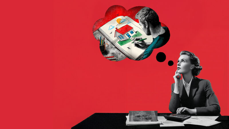 Lesniak Swann branded hero image with a collage of a person sat at a desk and a thought bubble