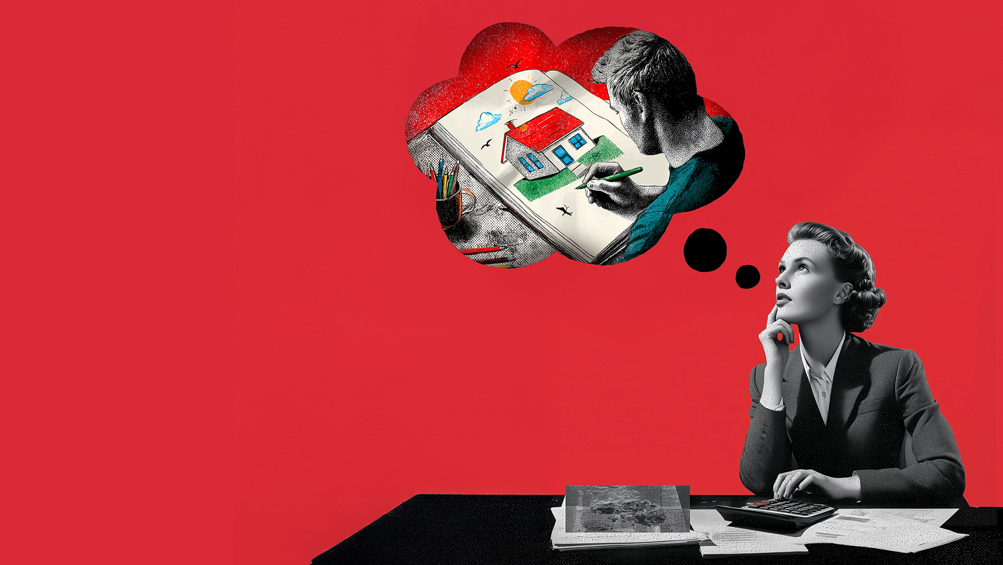 Lesniak Swann branded hero image with a collage of a person sat at a desk and a thought bubble