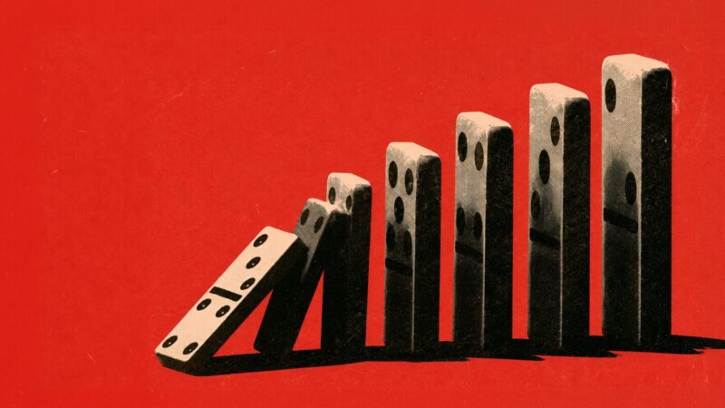 Lesniak Swann branded image of dominoes in a line being knocked down