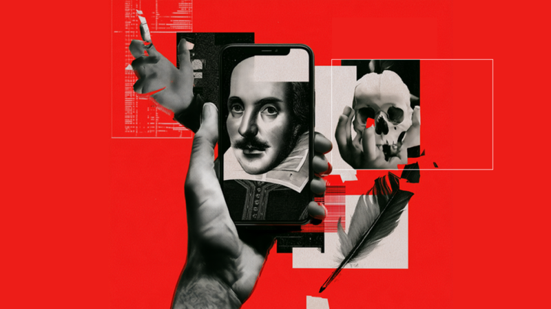 Lesniak Swann branded collage image showing Shakespeare's portrait in a phone